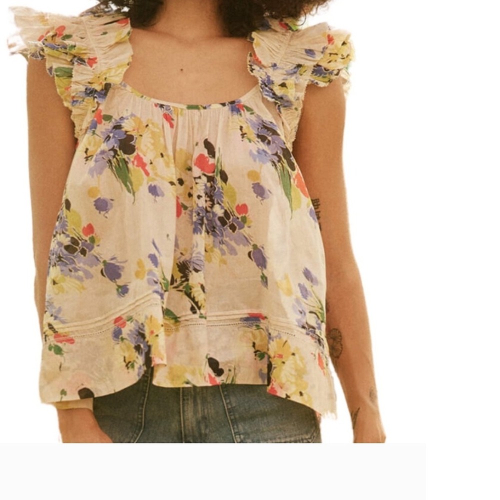 THE GREAT Floral Ruffle‎ Sleeve Button back Cotton Blouse Top Women Size 0